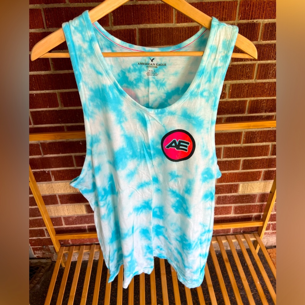 Blue tie dye AE graphic tank
